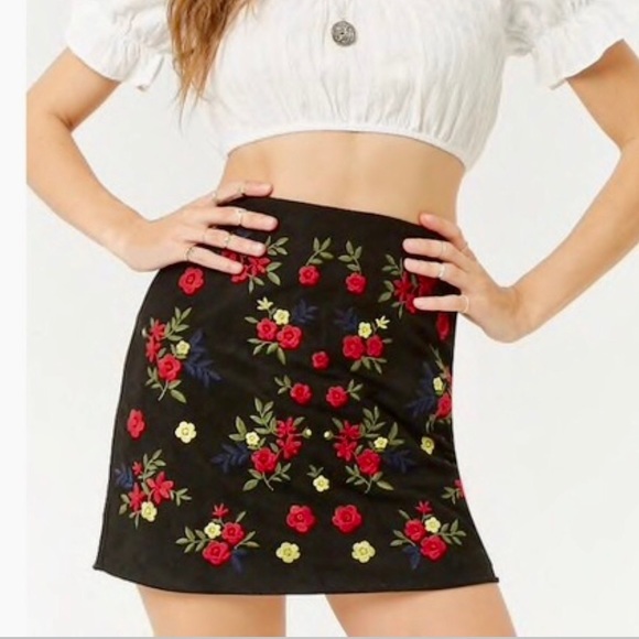 black sueded skirt with floral print embroidered accents - Picture 2 of 8
